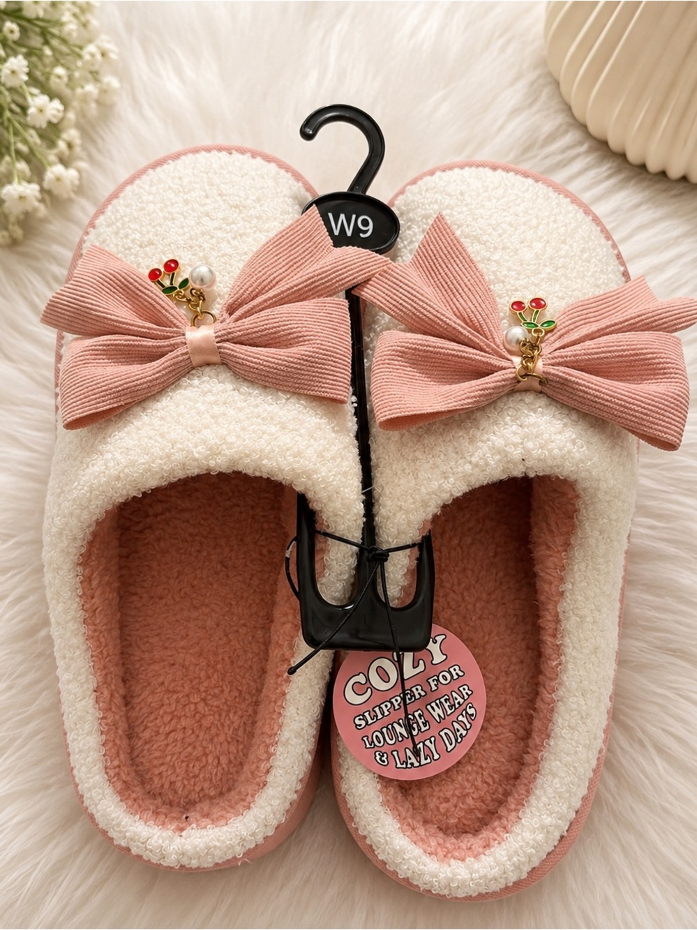 Cozy Pink & Cream Bow Women's Slipper